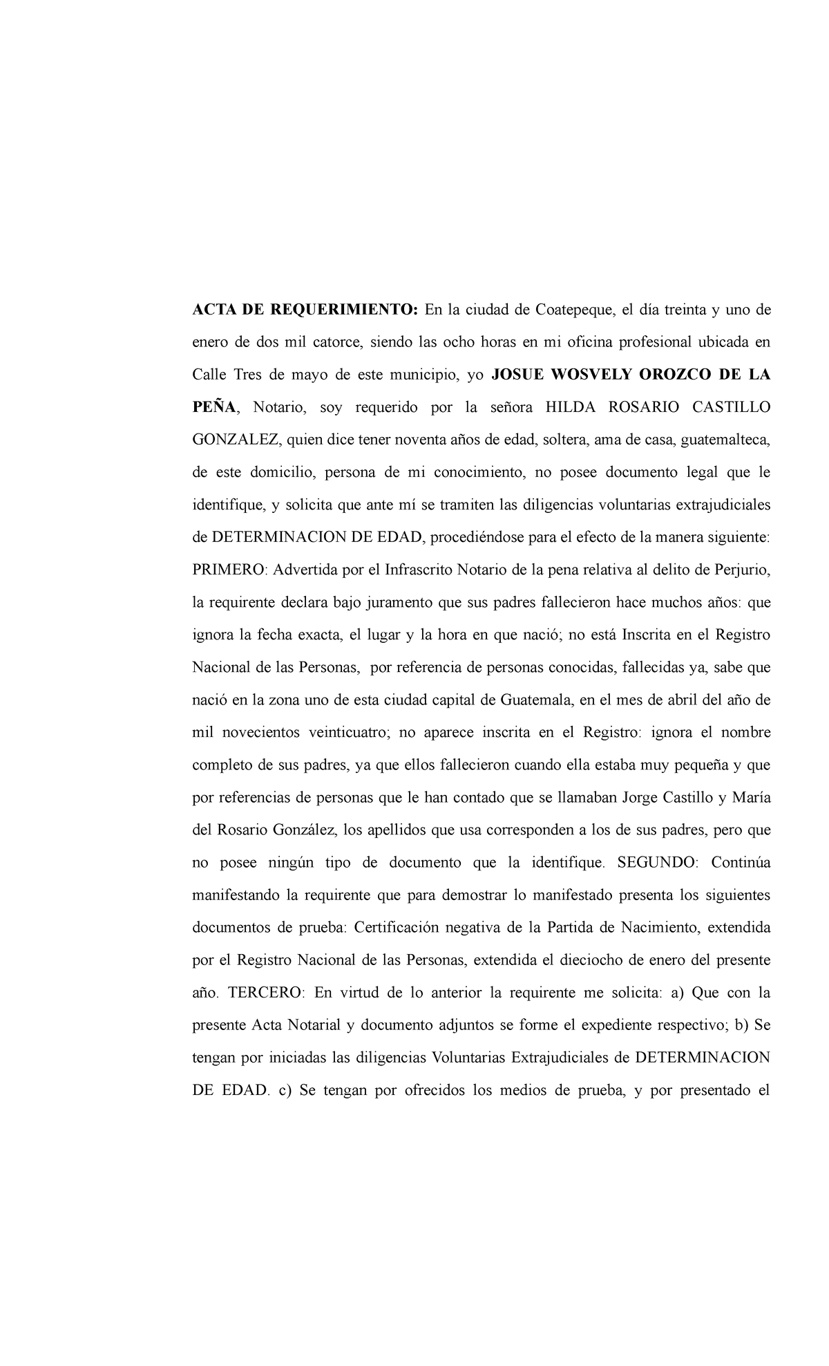 Acta Notarial Determinacion De Edad Josue Orozco Acta De