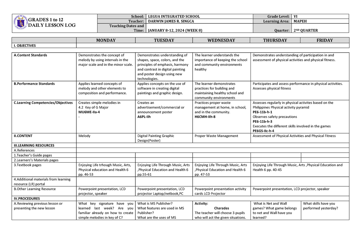 Dll Mapeh 6 Q2 W8 Daily Lesson Log Grades 1 To 12 Daily Lesson Log