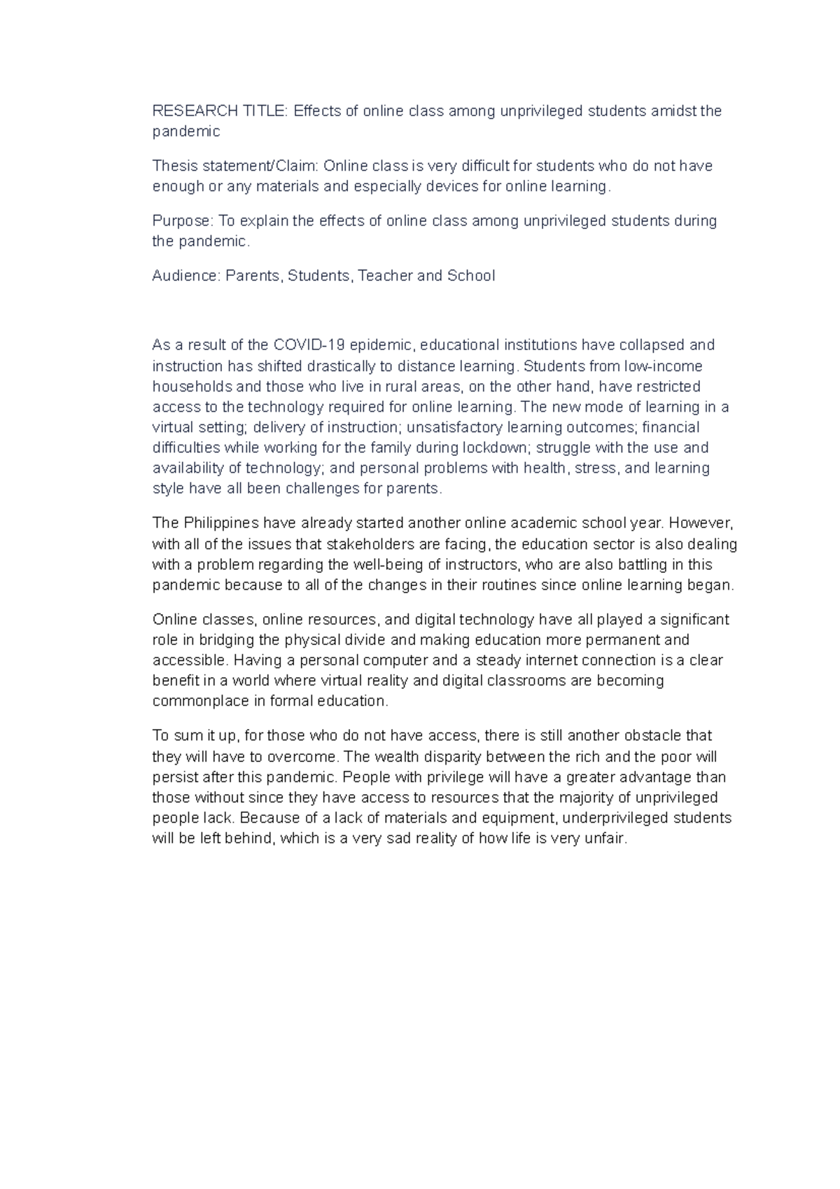 Introduction Of Research Sample Research Title Effects Of Online