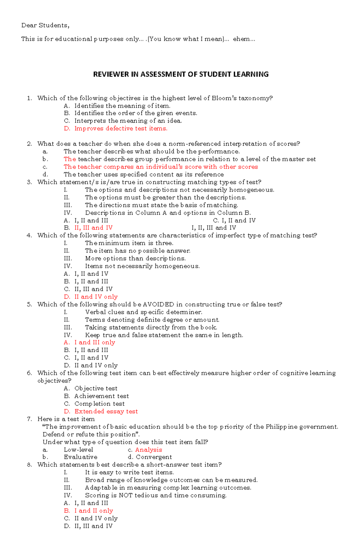 257369541 Reviewer in Assessment of Student Learning - Dear Students ...