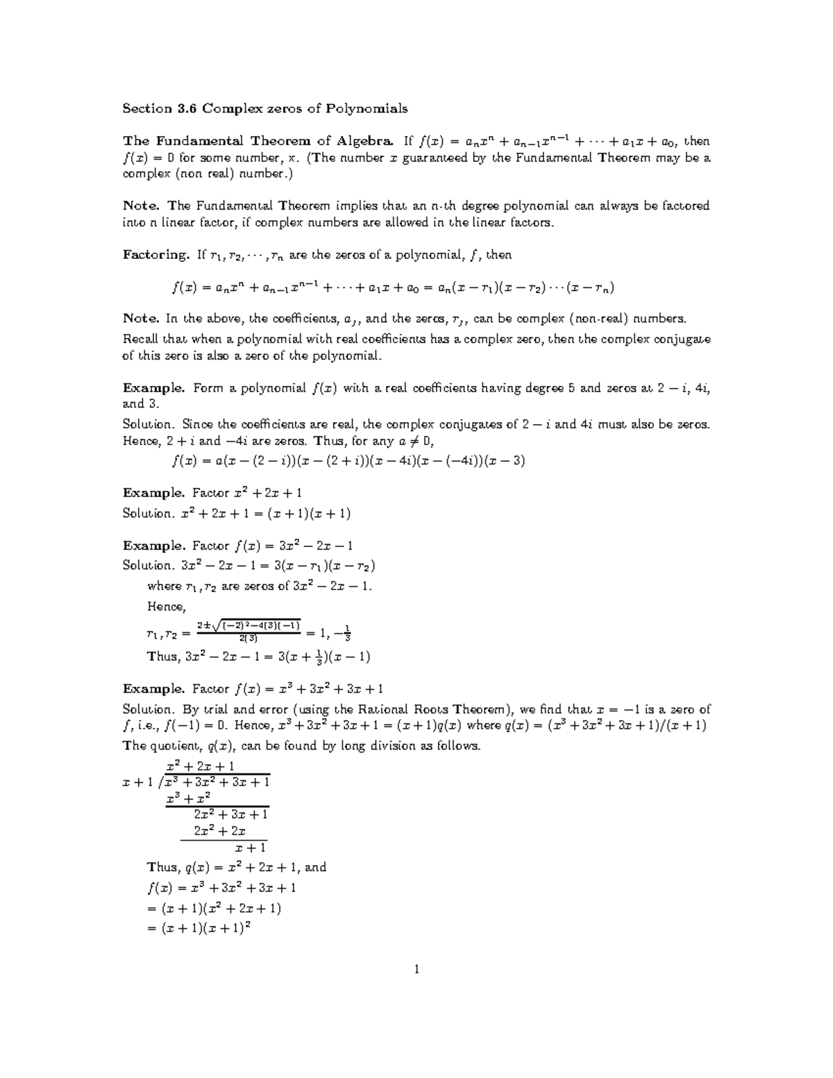 6 Ss 3 6 Notes Section Complex Zeros Of Polynomials The Fundamental Theorem Studocu