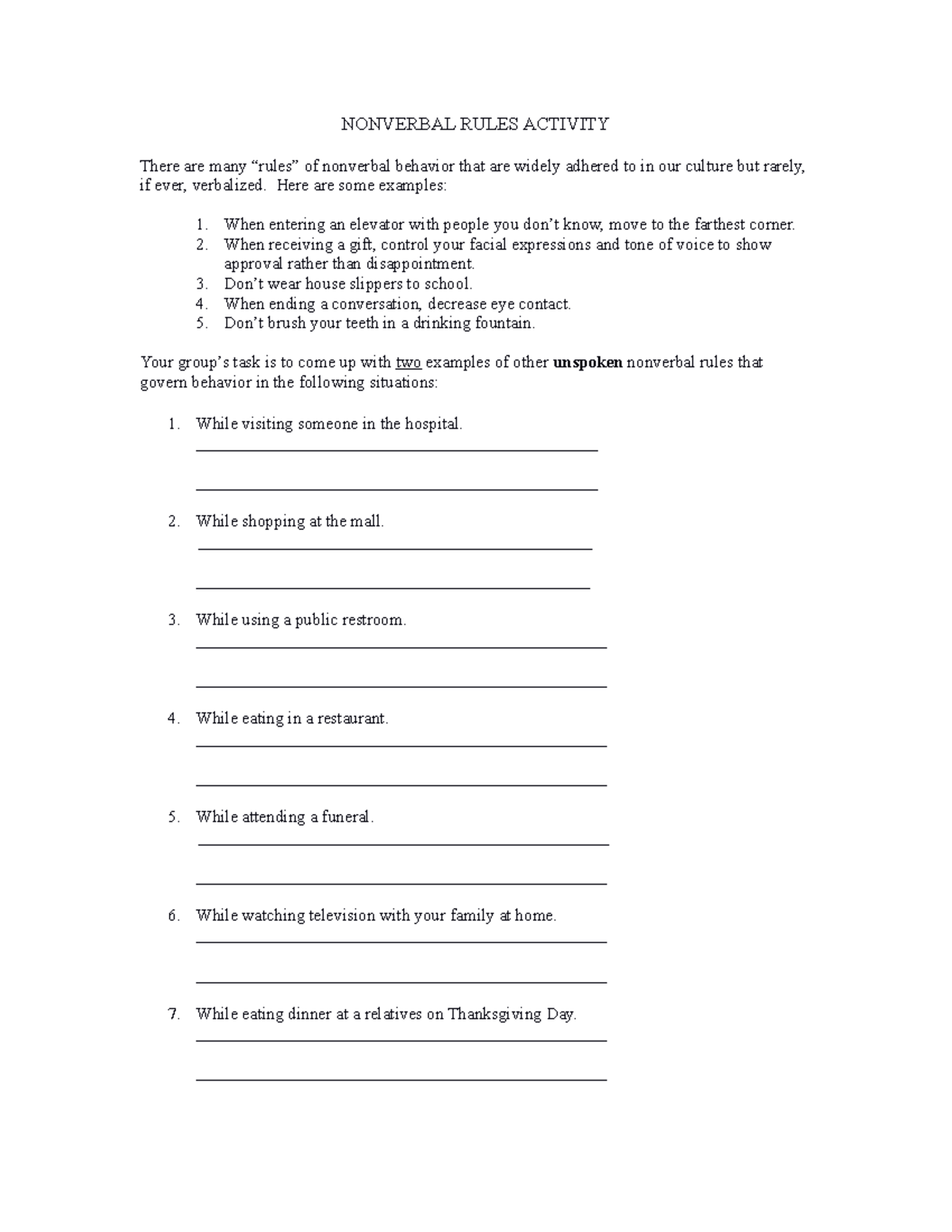 Nonverbal Rules Activity 17 - NONVERBAL RULES ACTIVITY There are many ...