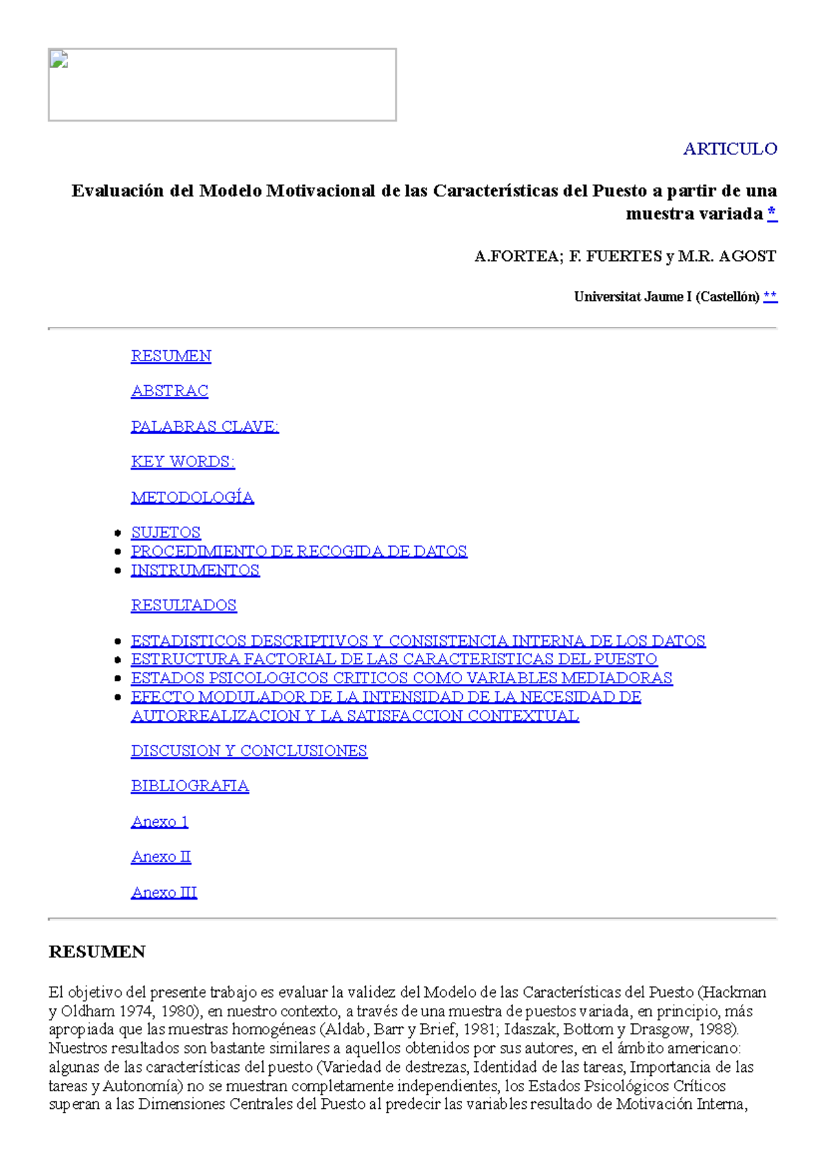 Evaluación del Modelo Motivacional de las Características del Puesto a  partir de una muestra variada - Studocu