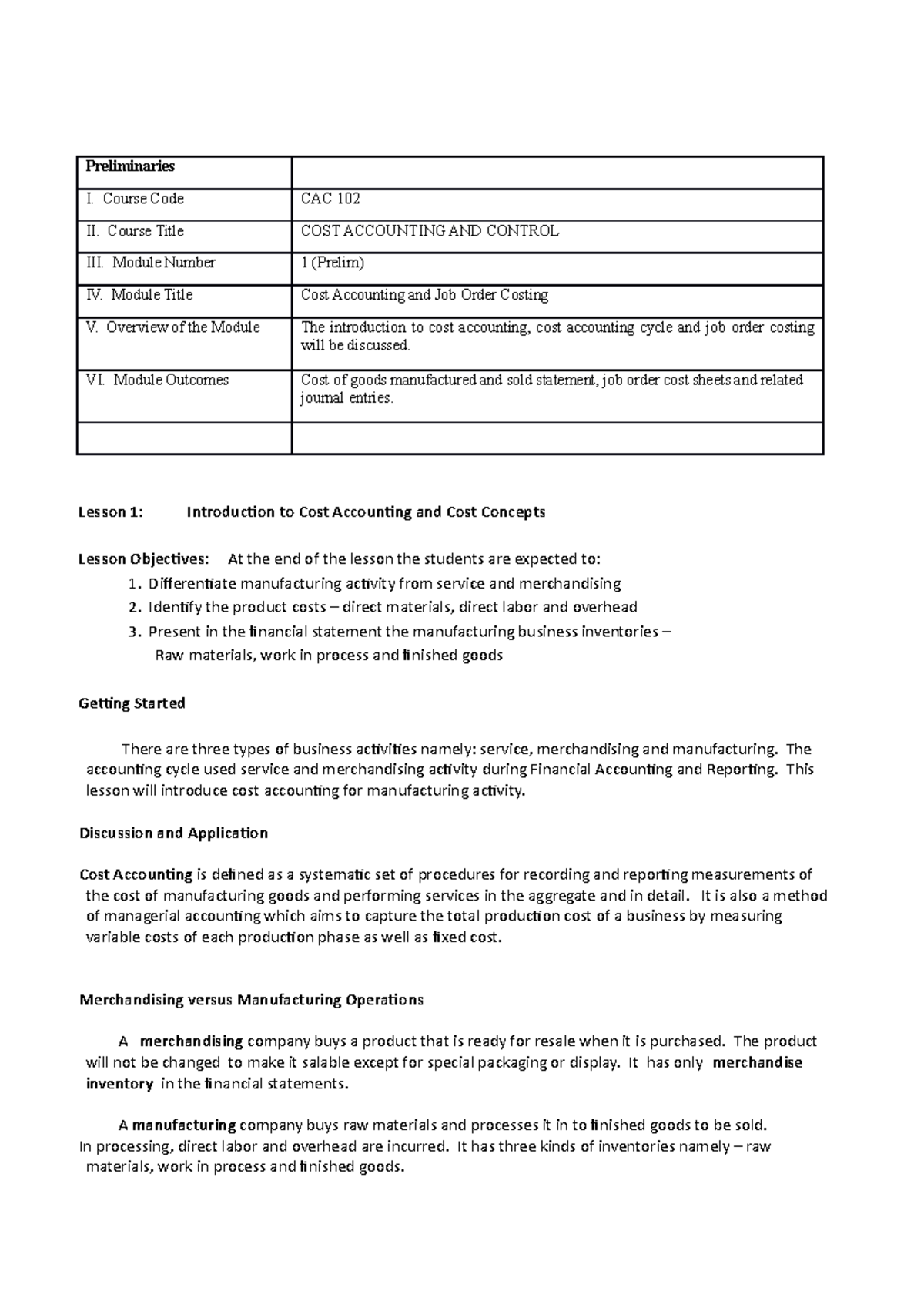 Cost Accounting Module-Prelim Period 2022-1 - Preliminaries I. Course ...