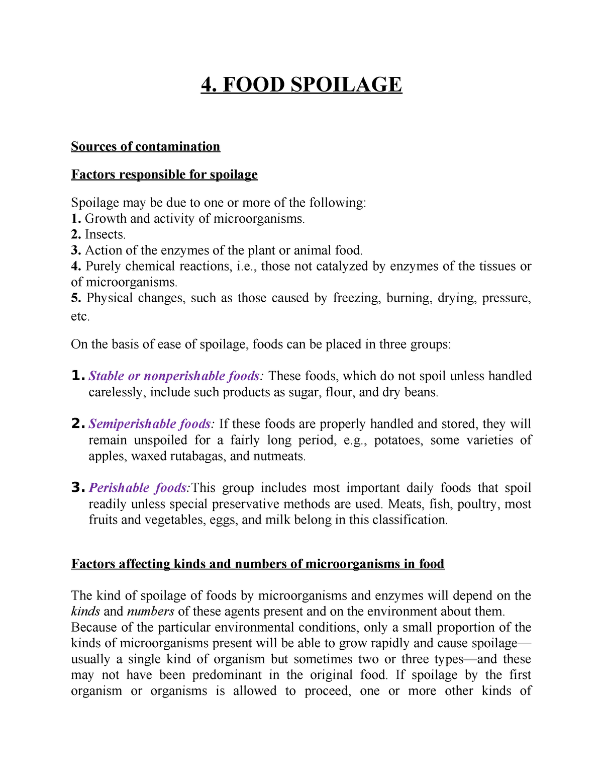 Unit 4-Spoilage - 4. FOOD SPOILAGE Sources of contamination Factors ...