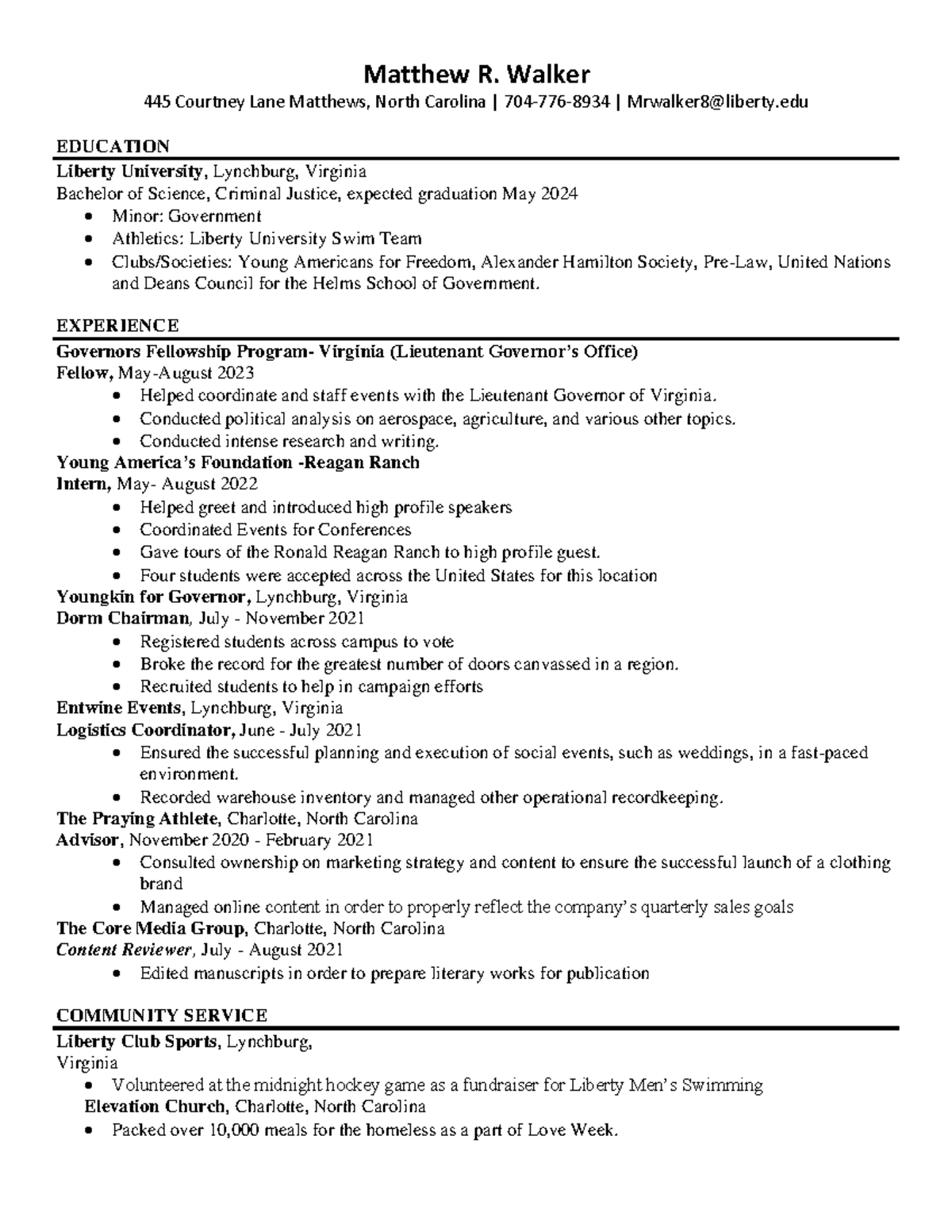 Matthew Robert Walker Resume 2023 - Matthew R. Walker 445 Courtney Lane ...