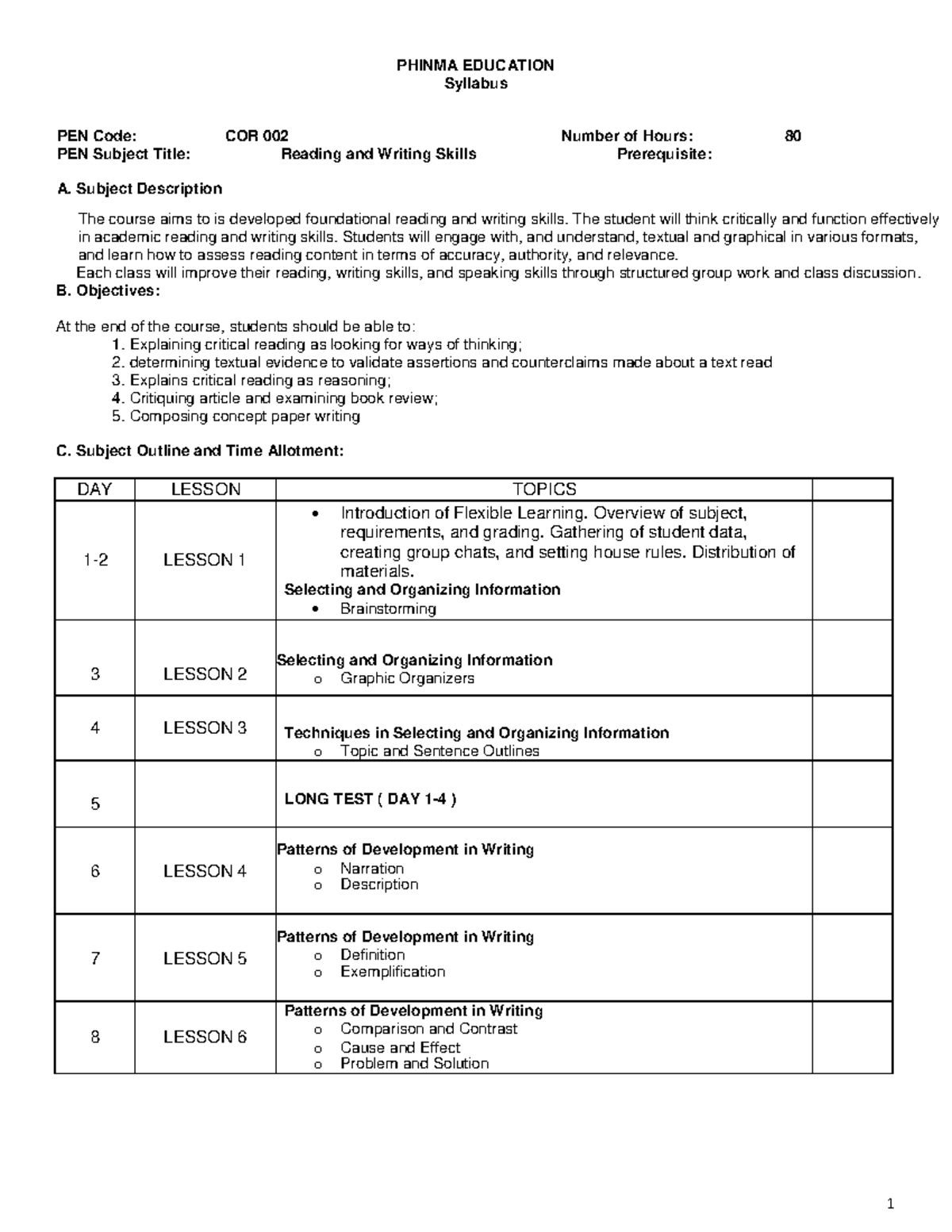 Cor 002 Sas 1-9-converted - 1 Phinma Education Syllabus Pen Code: Cor 