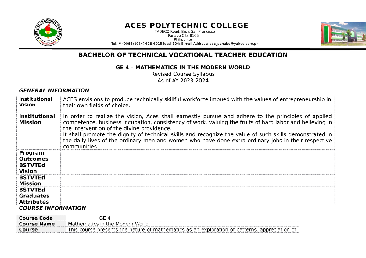 2023 Bstvted GE 4 Mathematics in the Modern World - ACES POLYTECHNIC ...