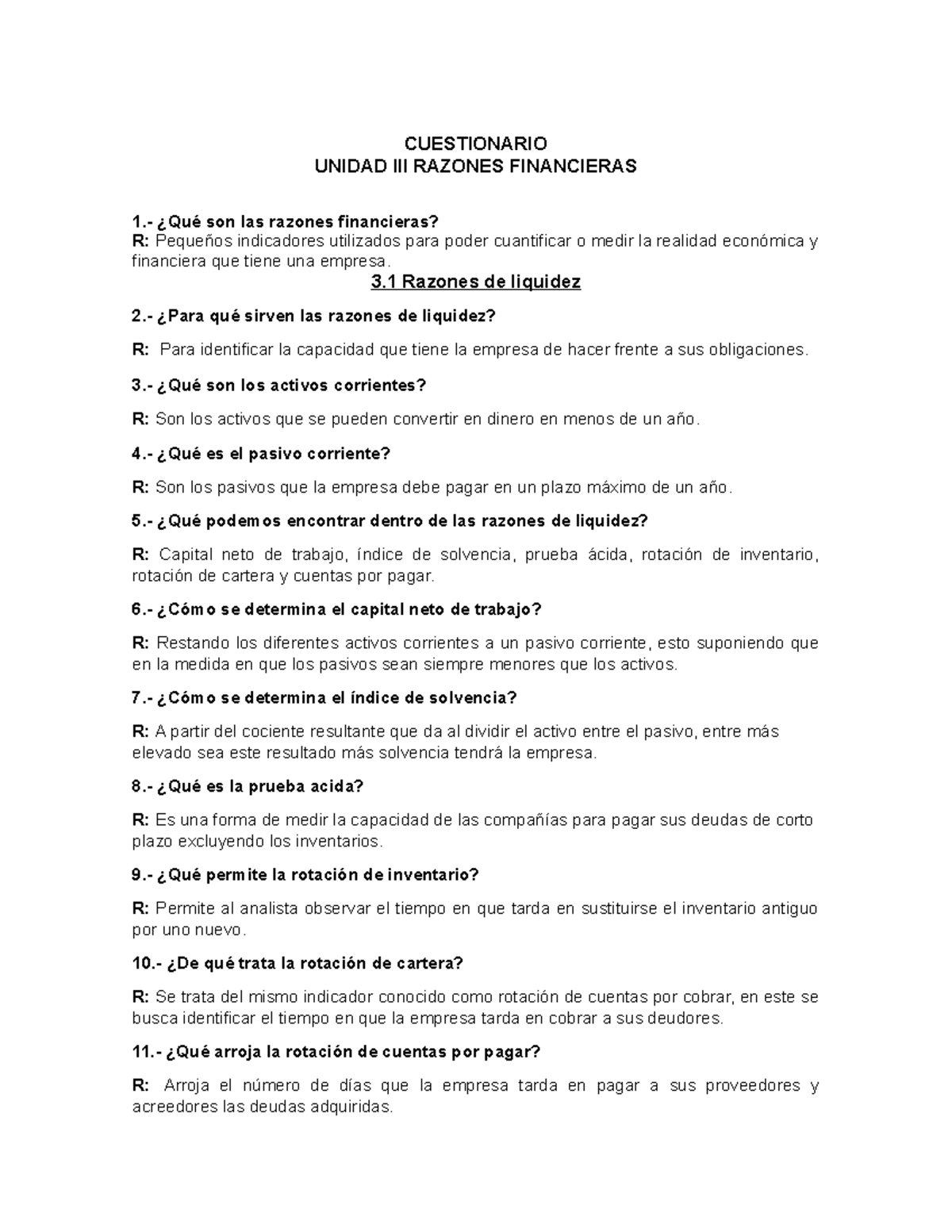 Cuestionario Unidad 3 Razones Financieras - CUESTIONARIO UNIDAD III ...