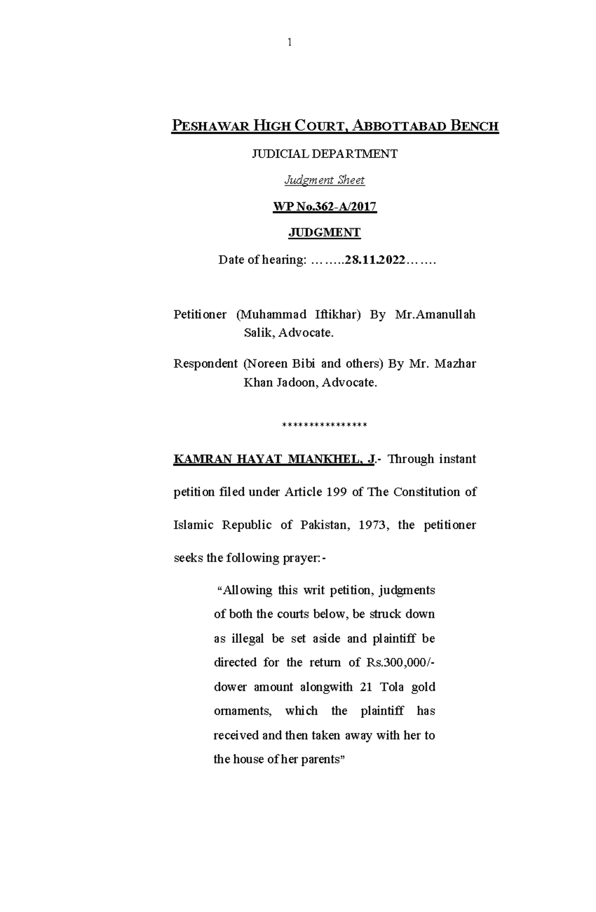 Gift - family law - PESHAWAR HIGH COURT, ABBOTTABAD BENCH JUDICIAL ...