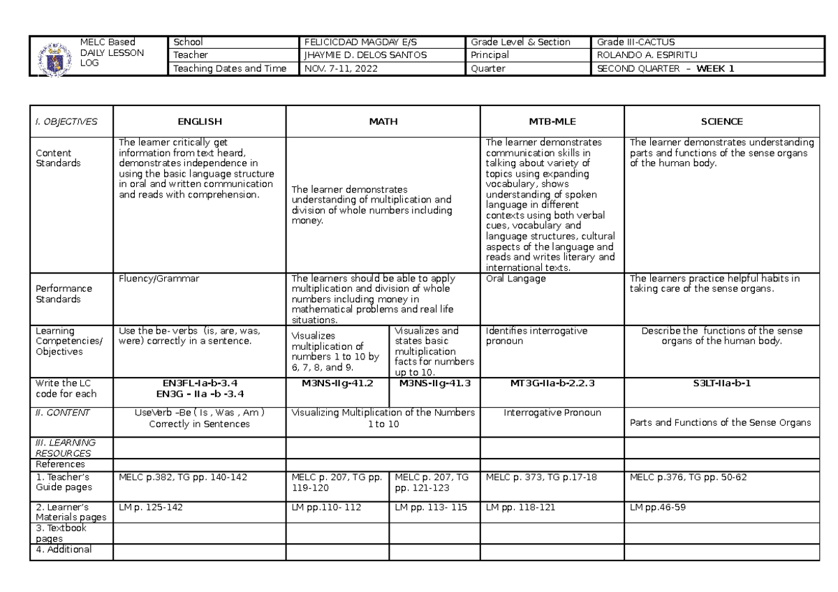 DLL Grade 3 2nd Quarter WEEK1 MELC Based DAILY LESSON LOG School FELICICDAD MAGDAY E/S Grade