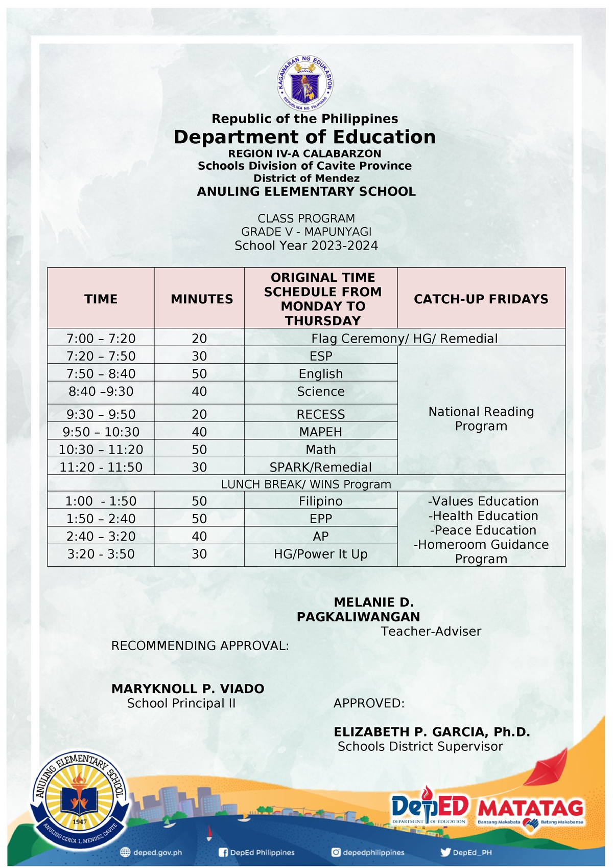 11- Grade-v- Mapunyagi Class- Program Sy2023-2024-1 - Republic Of The 