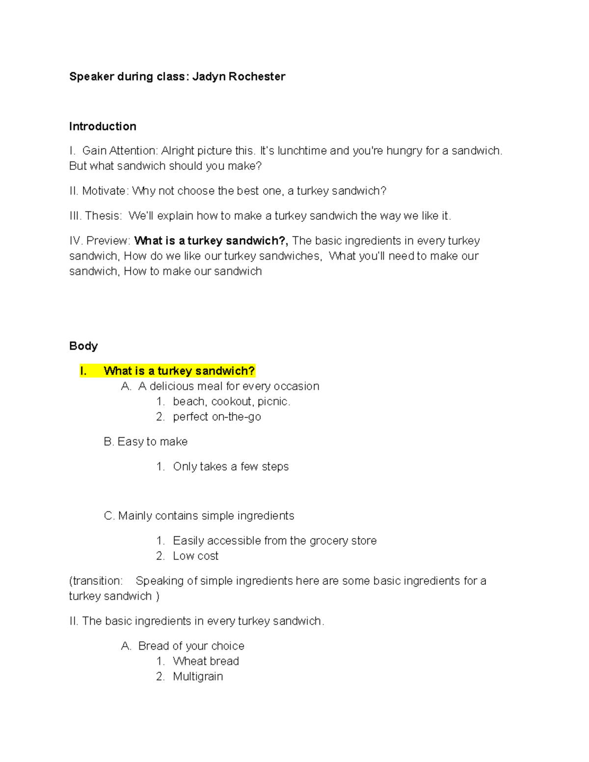 Turkey Speech Outline Template Turkey-1 - Speaker during class: Jadyn