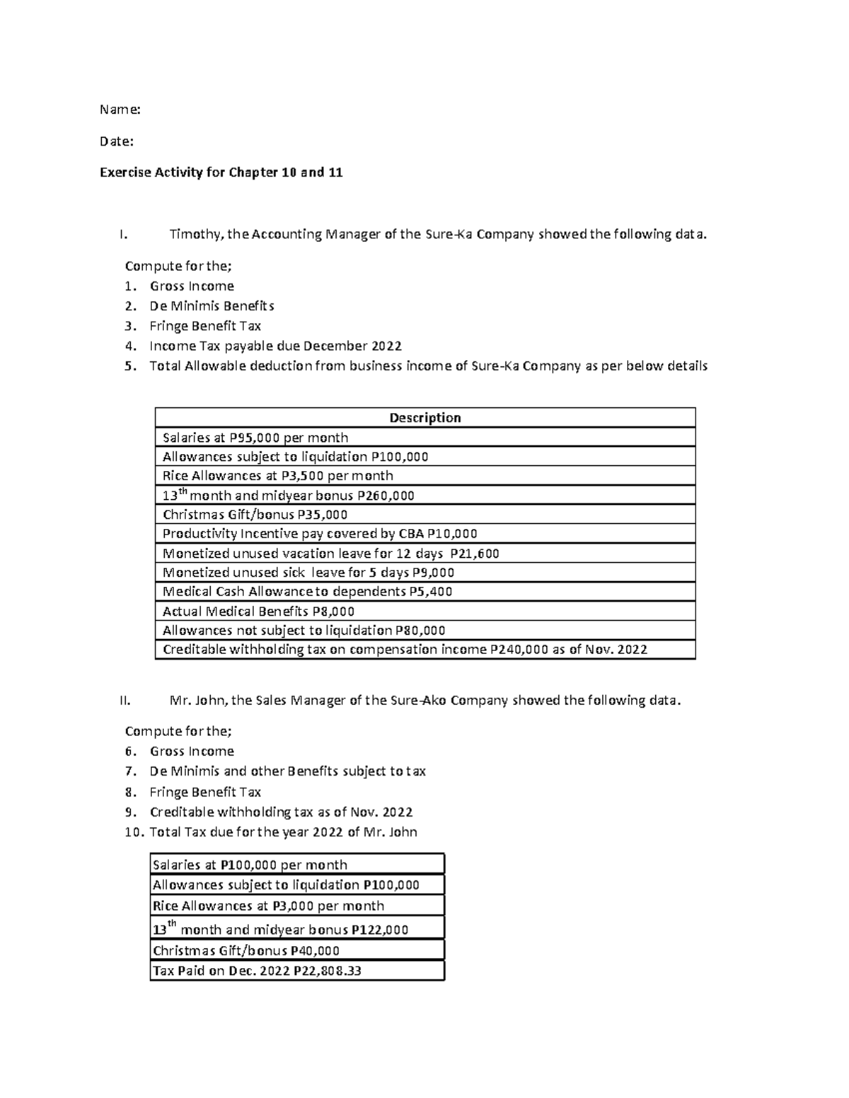 Chapter 10 and 11 Exercise Drill - Name: Date: Exercise Activity for ...