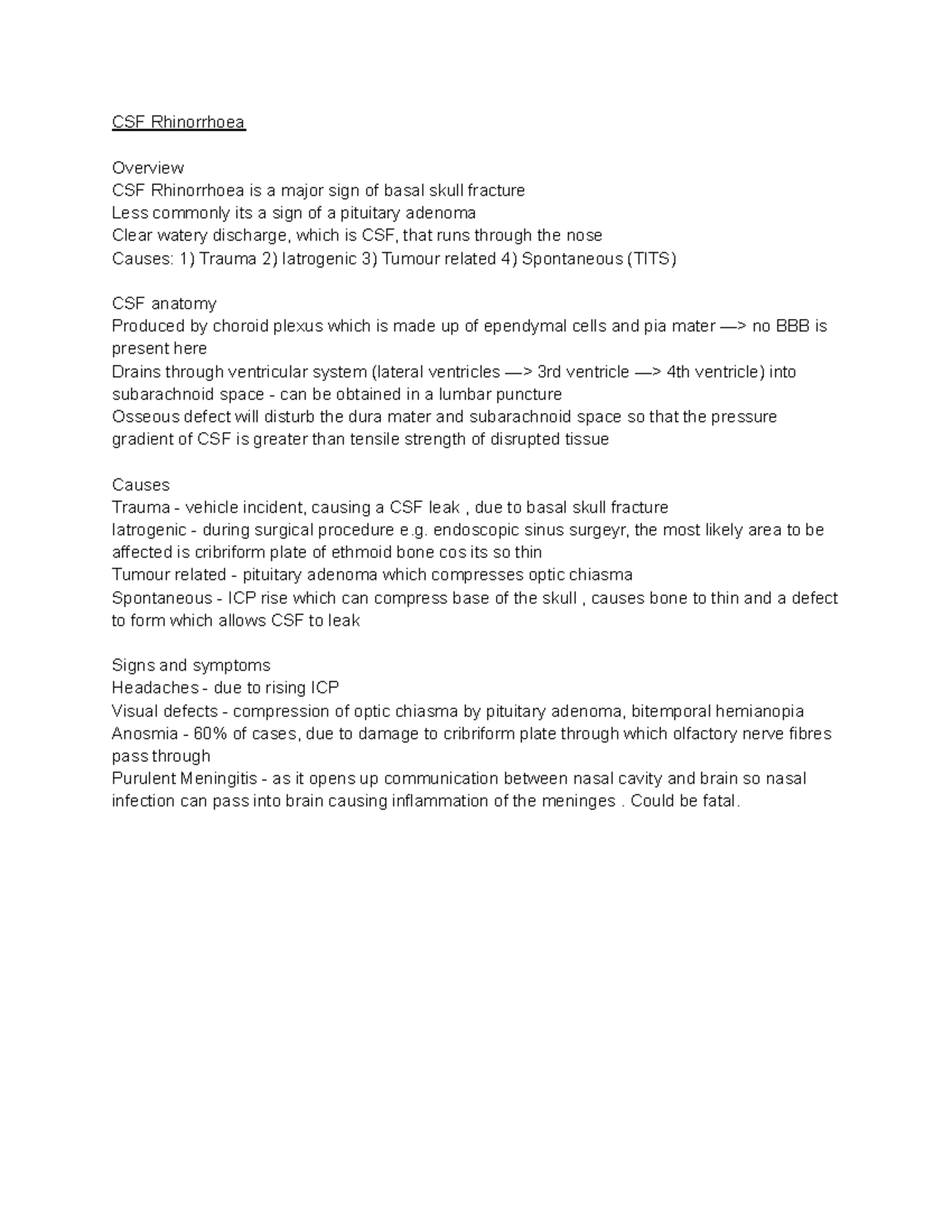 13 Summary of CSF Rhinorrhoea - CSF Rhinorrhoea Overview CSF ...