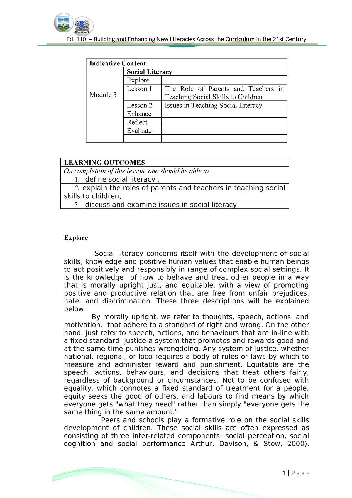 Concepts Module 3 Social Literacy - Indicative Content Module 3 Social ...