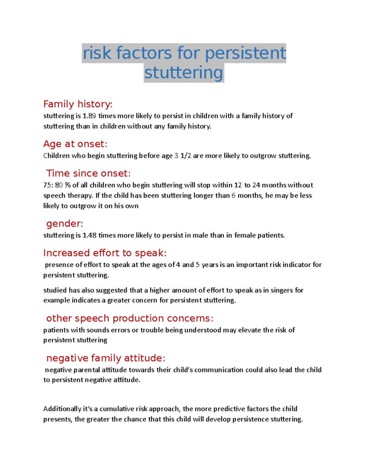 Risk factors for persistent stuttering - risk factors for persistent ...
