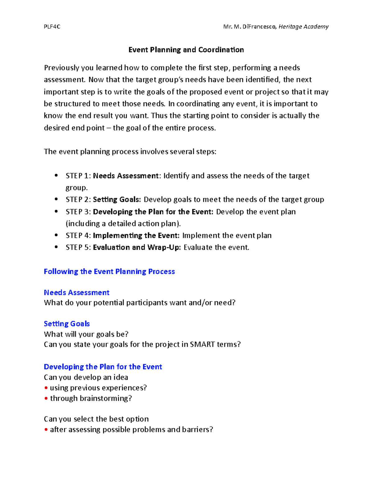 Lesson 3 Event Planning and Coordination Event Planning and