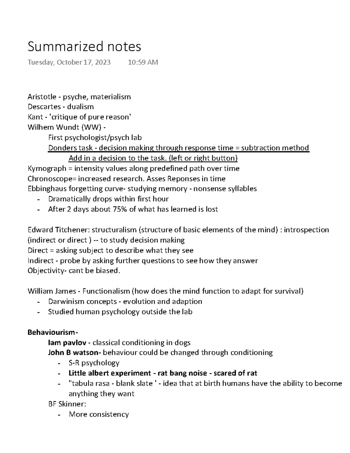 Summarized notes Psy 253 - Aristotle - psyche, materialism Descartes ...