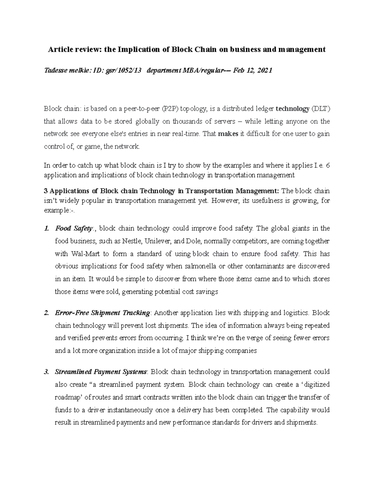 Block chain assignment - Article review: the Implication of Block Chain ...