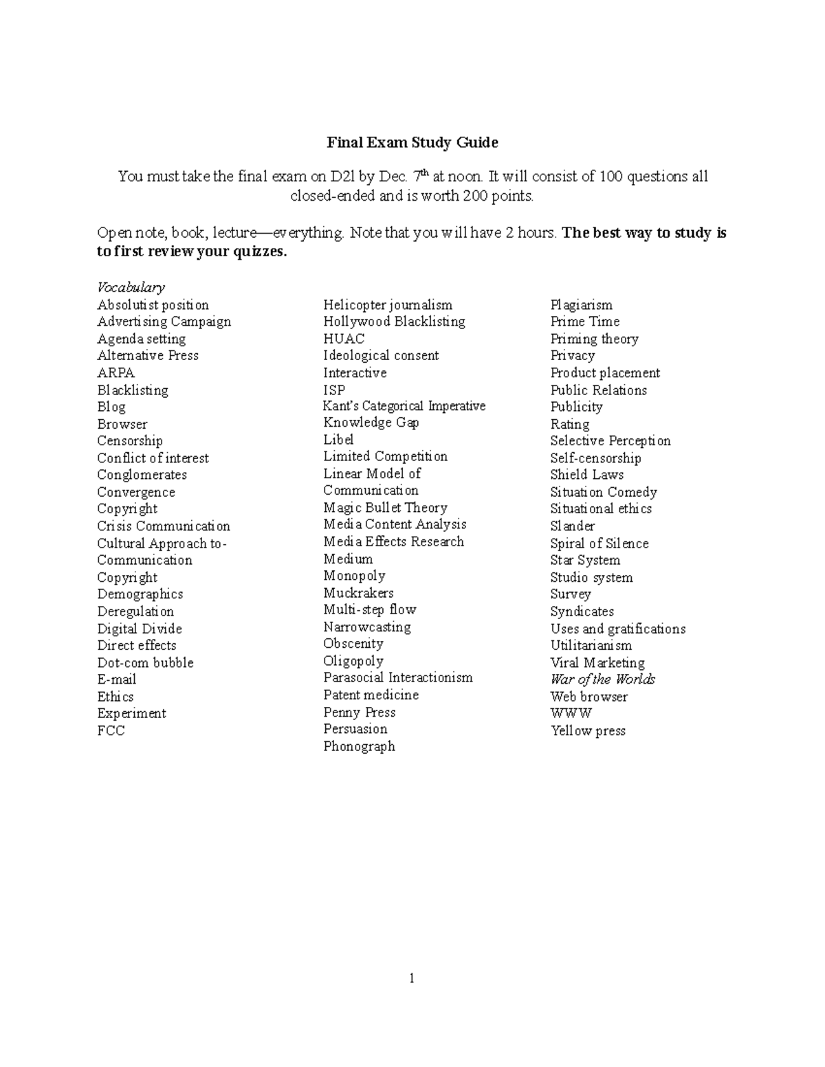 1020. Final exam study guide - Final Exam Study Guide You must take the ...