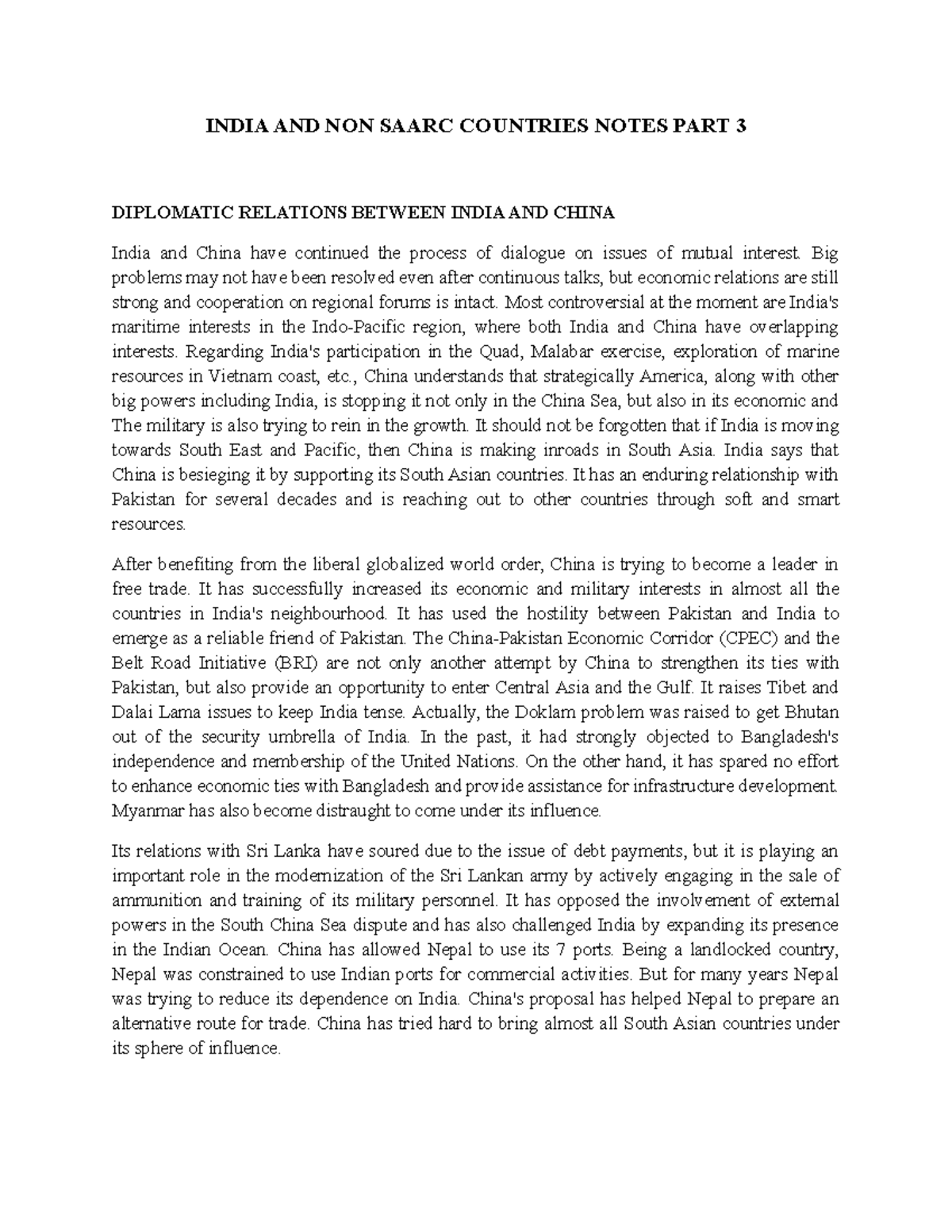 India AND NON-SAARC Countries Notes PART 3 - INDIA AND NON SAARC ...