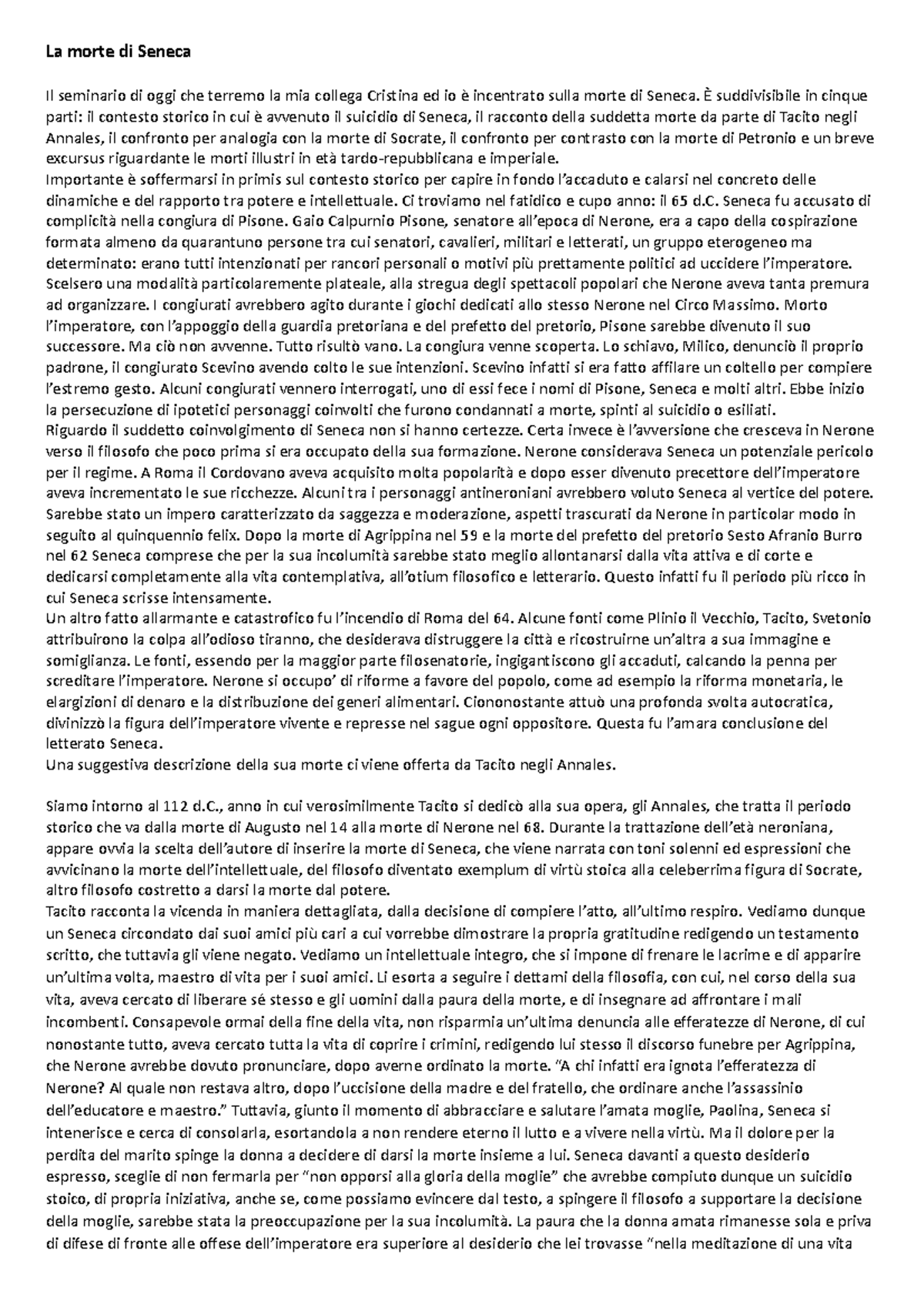 Seminario Morte DI Seneca La morte di Seneca Il seminario di oggi che