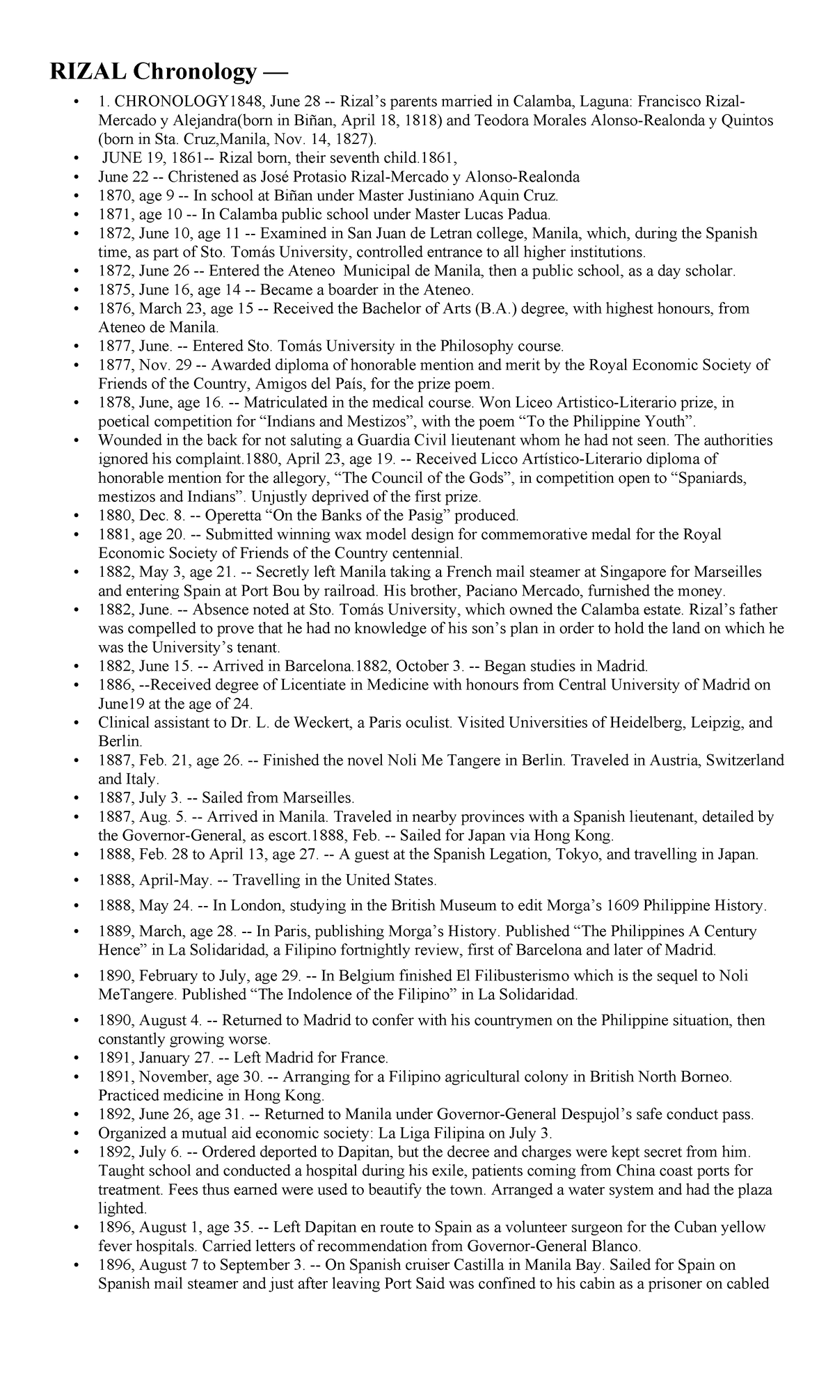 Rizal Chronology - RIZAL Chronology — CHRONOLOGY1848, June 28 - Rizal’s ...