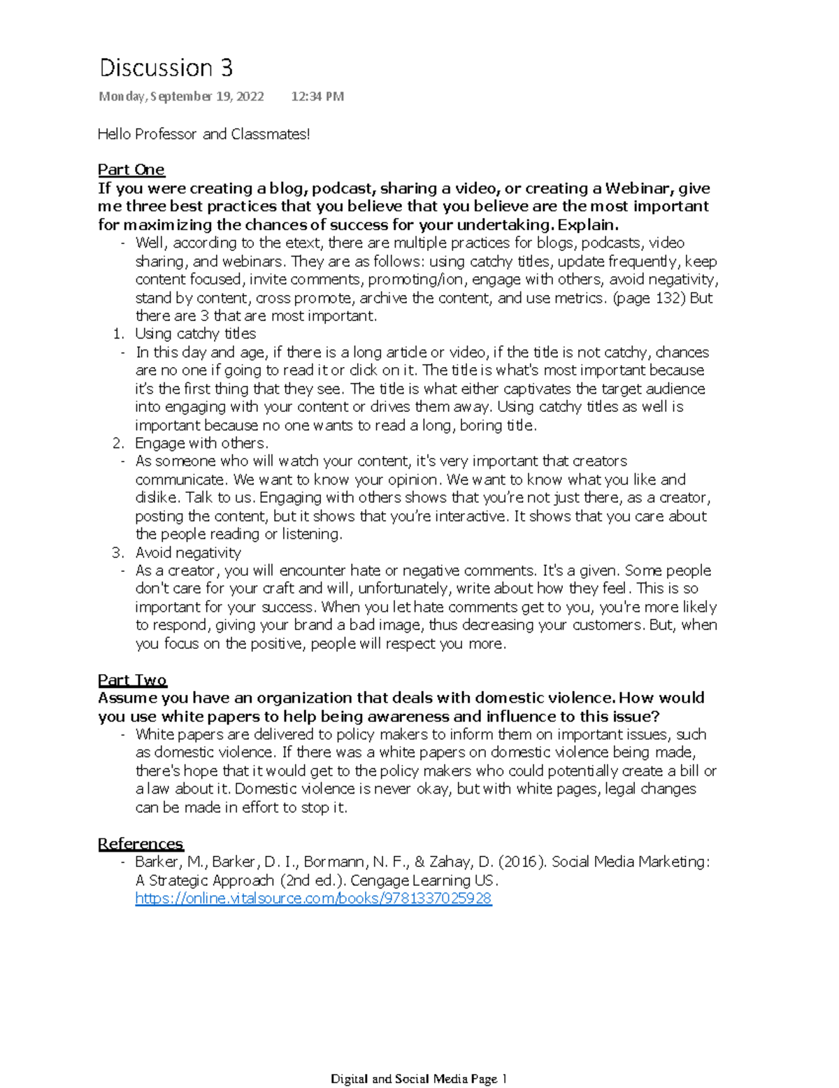 Discussion 3 Notes (DSM) - Hello Professor and Classmates! Part One If ...