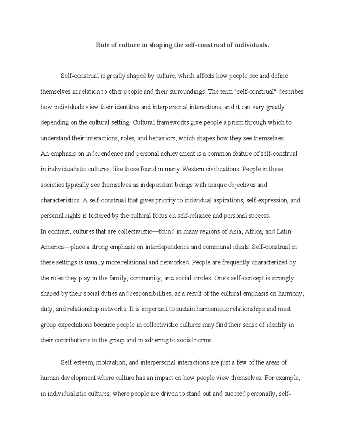 Role of culture in shaping the self - Role of culture in shaping the ...