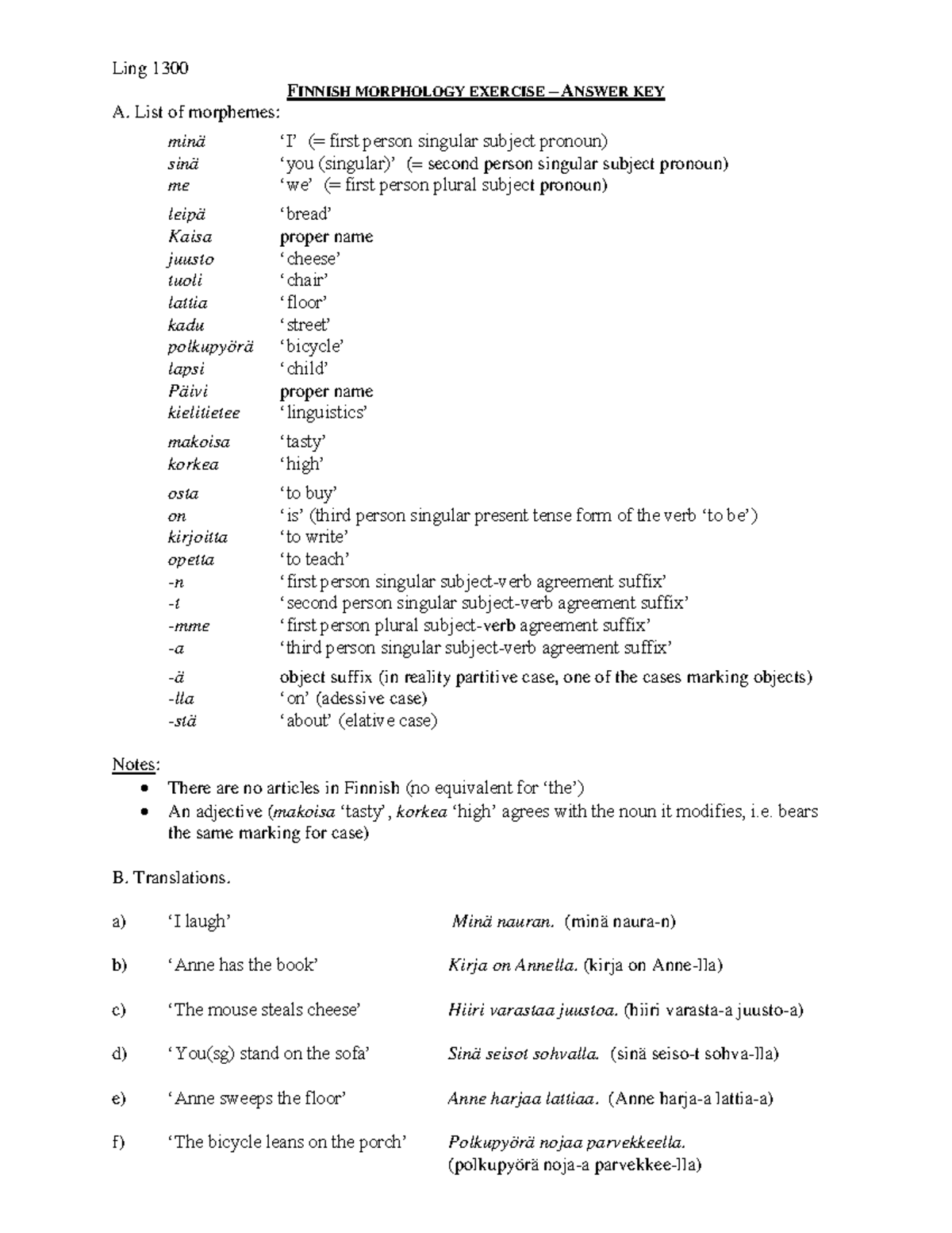 Finnish morphology homework answer key - Ling 1300 FINNISH MORPHOLOGY ...