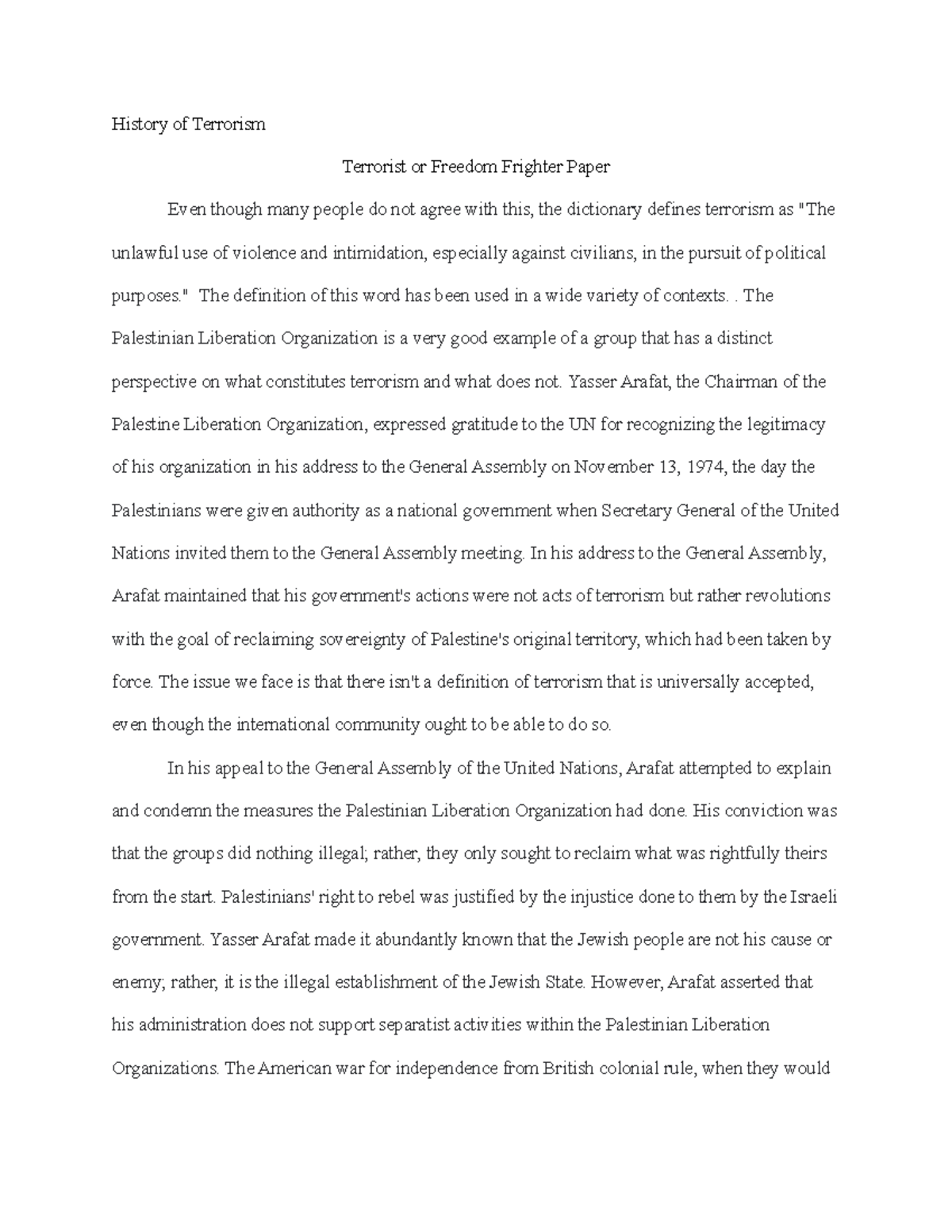 Terrorist or Freedom Frighter Paper - History of Terrorism Terrorist or ...