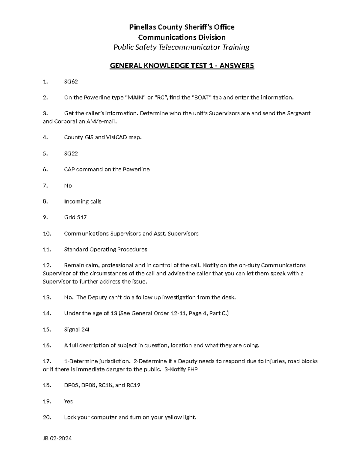CT General Knowledge TEST 1 - Answers - Pinellas County Sheriff’s Office Communications Division ...