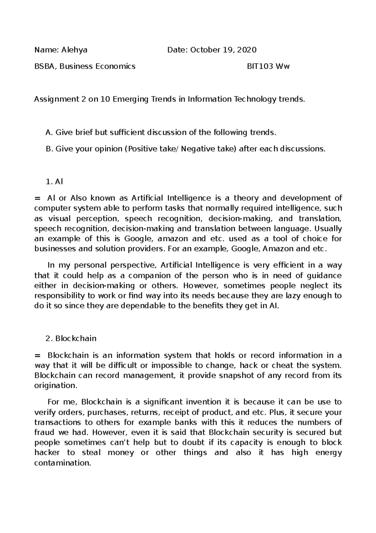 BIT103Ww. Assignment 2 - A. Give brief but sufficient discussion of the ...