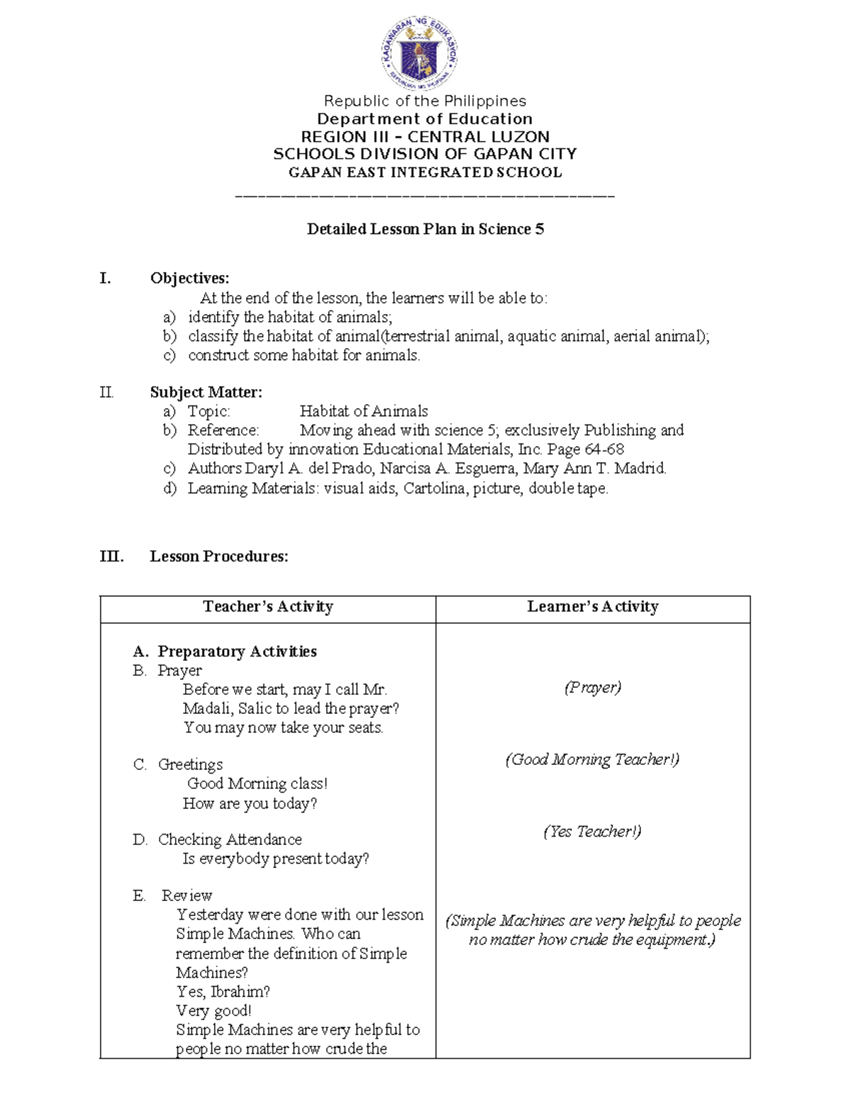 Lesson PLAN IN G5 - Thank you - Republic of the Philippines Department ...