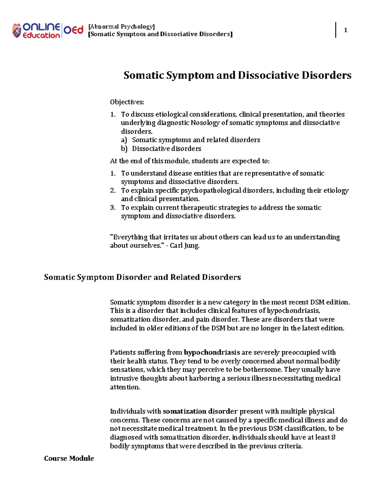 Module 9 - Somatic Symptom And Dissociative Disorders - [Abnormal ...