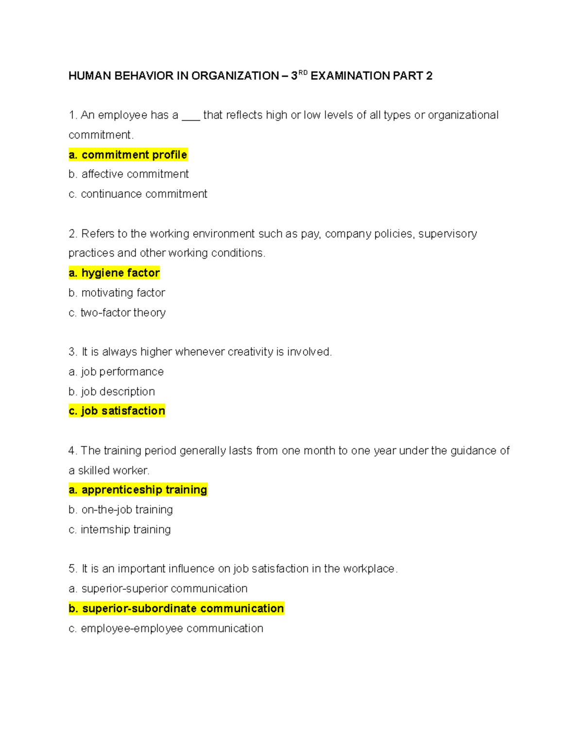 Human Behavior IN Organization – 3RD Examination PART 2 - HUMAN ...