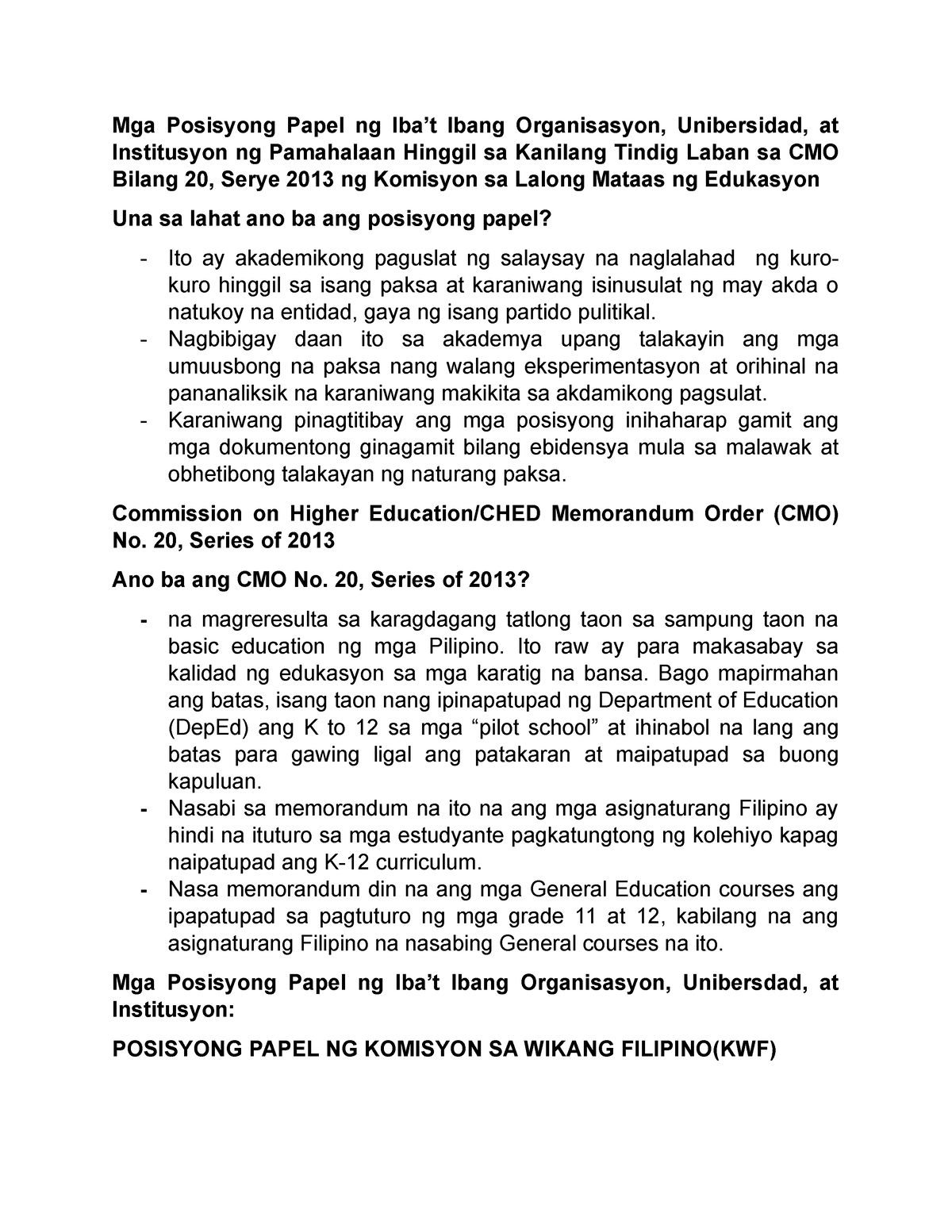 Posisyong Papel ng iba't ibang unibersidad sa Pilipinas laban sa CMO No ...