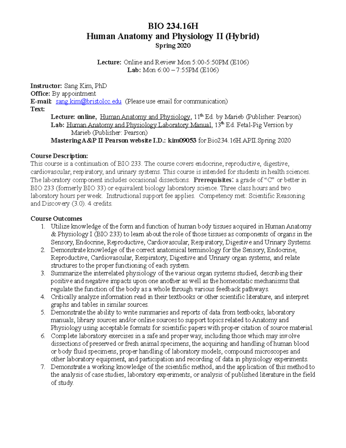 BIO-234.16H Syllabus Spring 2020 - BIO 234 Human Anatomy and Physiology ...
