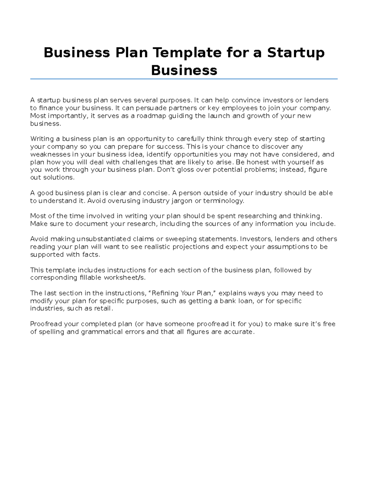 Startup Business Plan - Business Plan Template for a Startup Business A ...