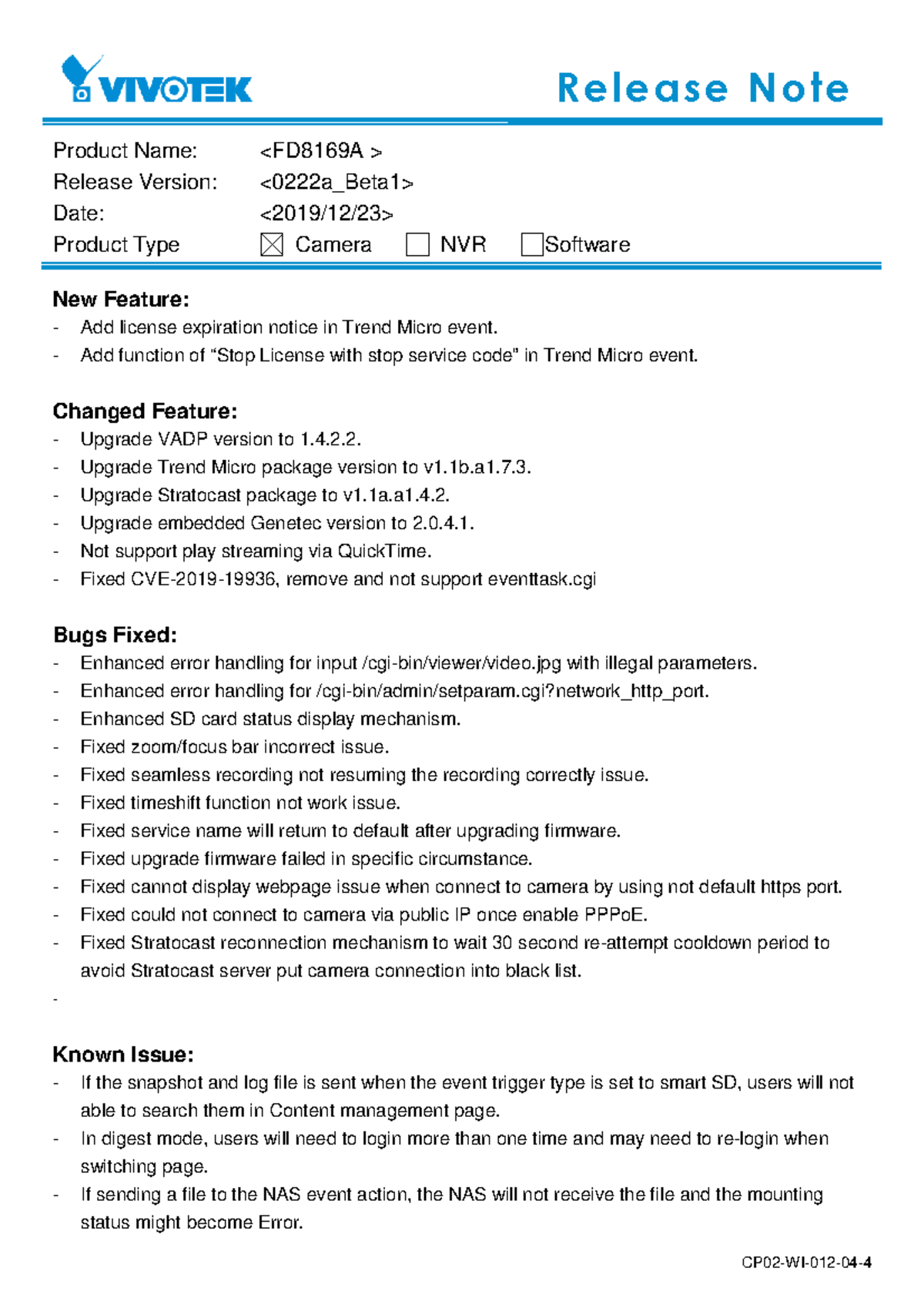 FD8169A-VVTK-0222a Beta1 Release Note - Product Name: Release Version ...