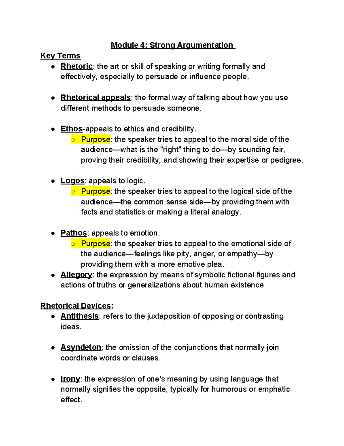 Rhetoric Cheat Sheet Module 4 Strong Argumentation Key Terms