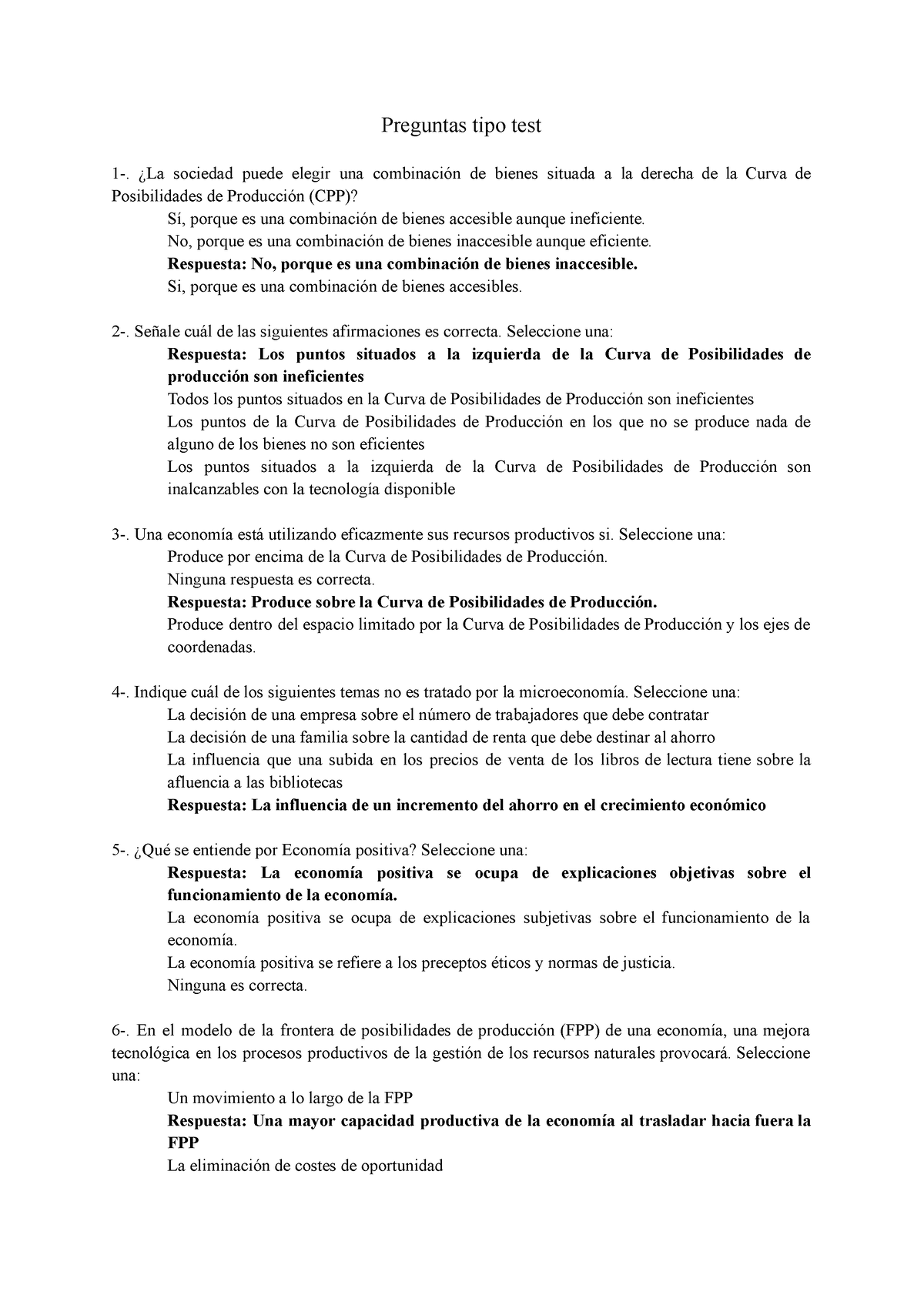 Teoría Económica. Tema 1. Test - Preguntas Tipo Test 1-. ¿La Sociedad ...