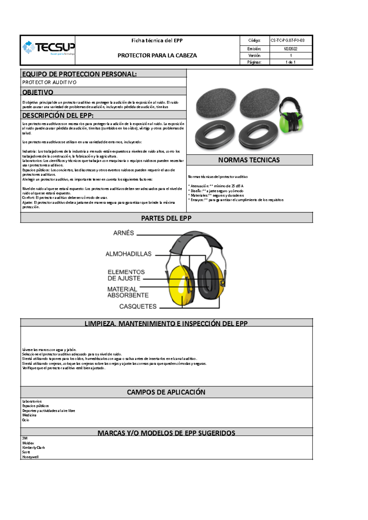 Fichas Tecnicas EPPS epps PROTECTOR PARA LA CABEZA Emisión 1/2