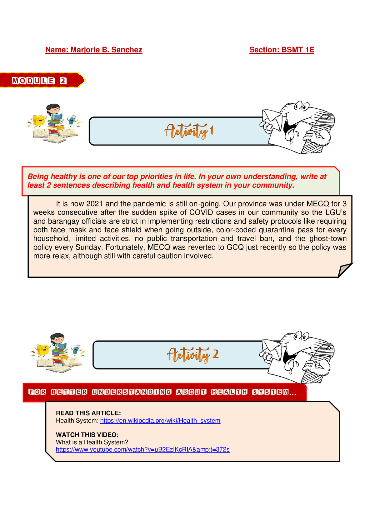 Health Information System Module 2 Activities - Name: Marjorie B ...