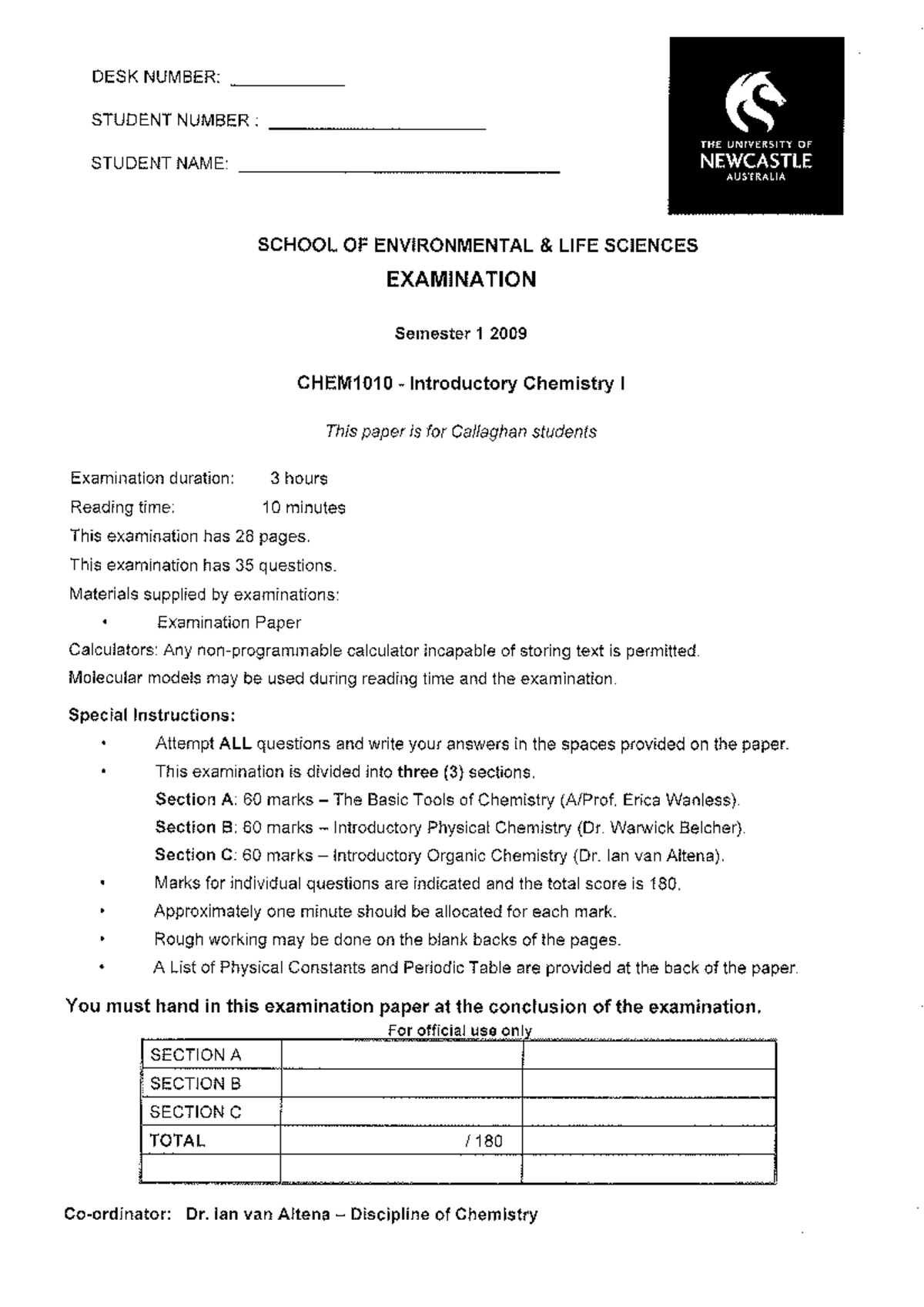 Exam 1 November 2009, answers - 2009 past exam paper chemistry with ...