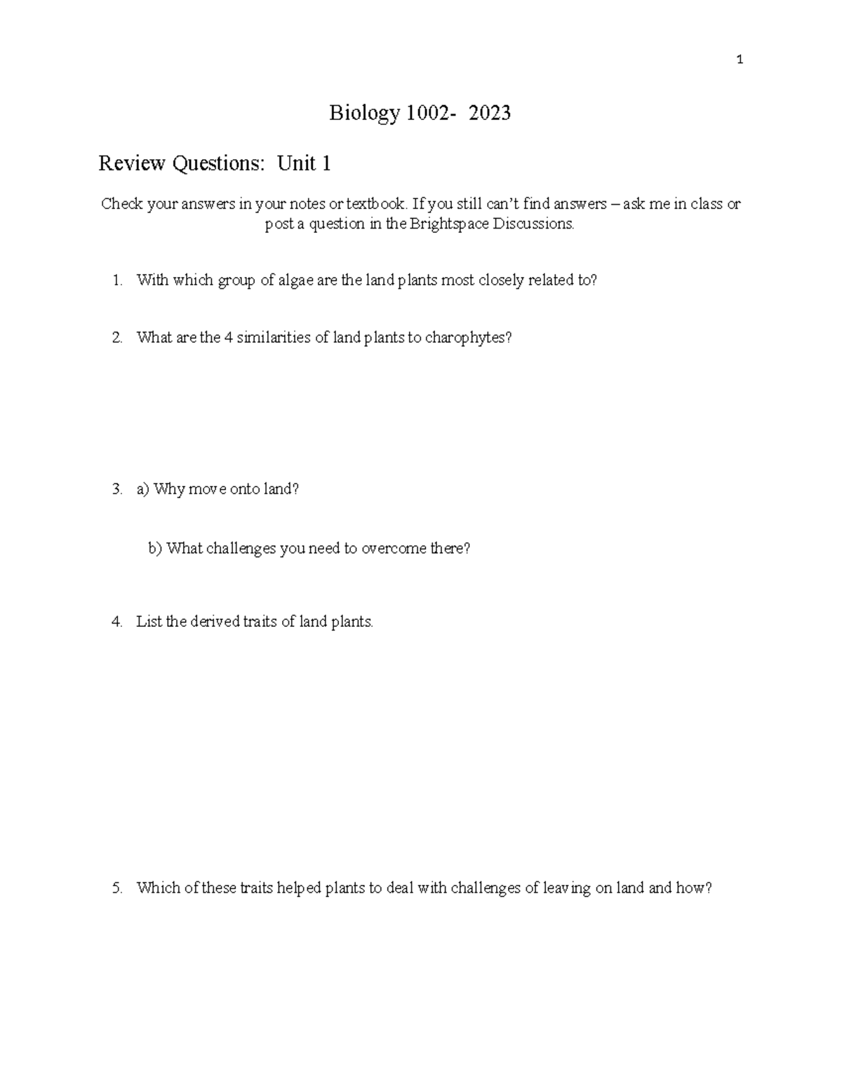 Biol1002 Unit 1 Review Questions - Biology 1002- 2023 Review Questions ...
