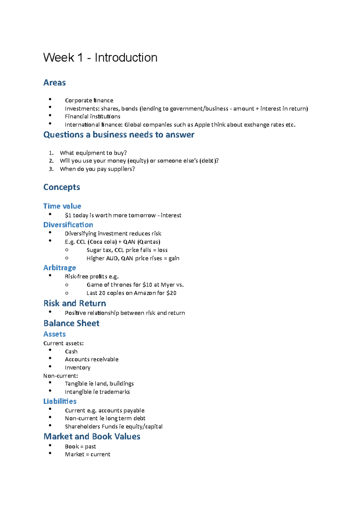 Fundamentals of Business Finance Notes - Week 1 - Introduction Areas ...