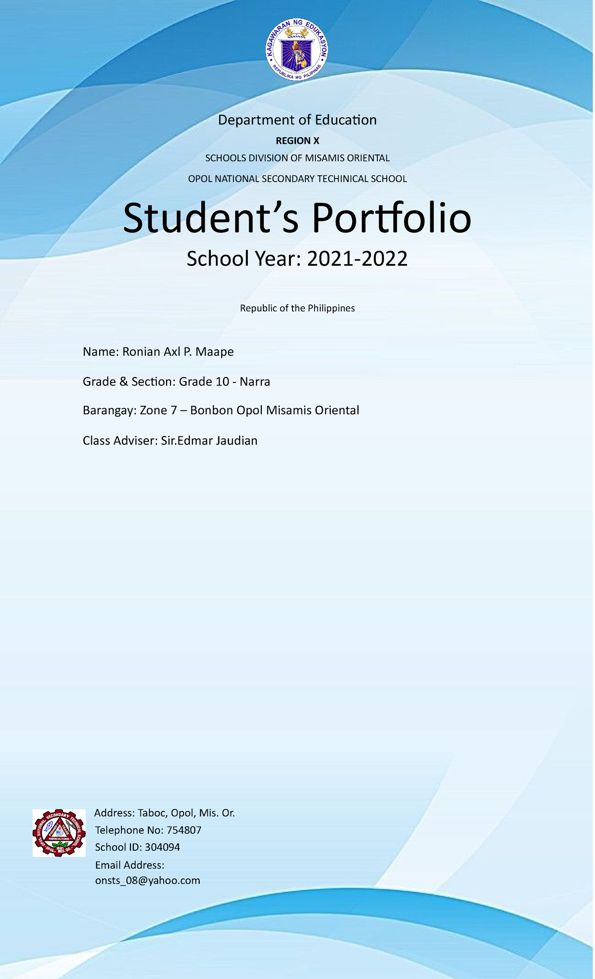Ronian S Student Portfolio Name Ronian Axl P Maape Grade Section