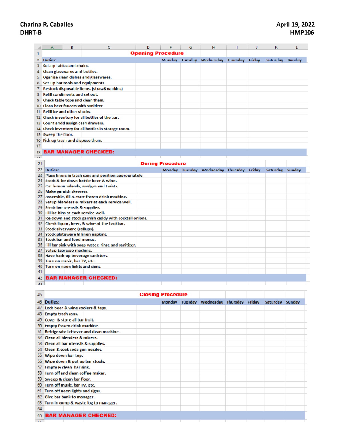 Bar Checklist -Opening,closing and during procedure - technology and ...